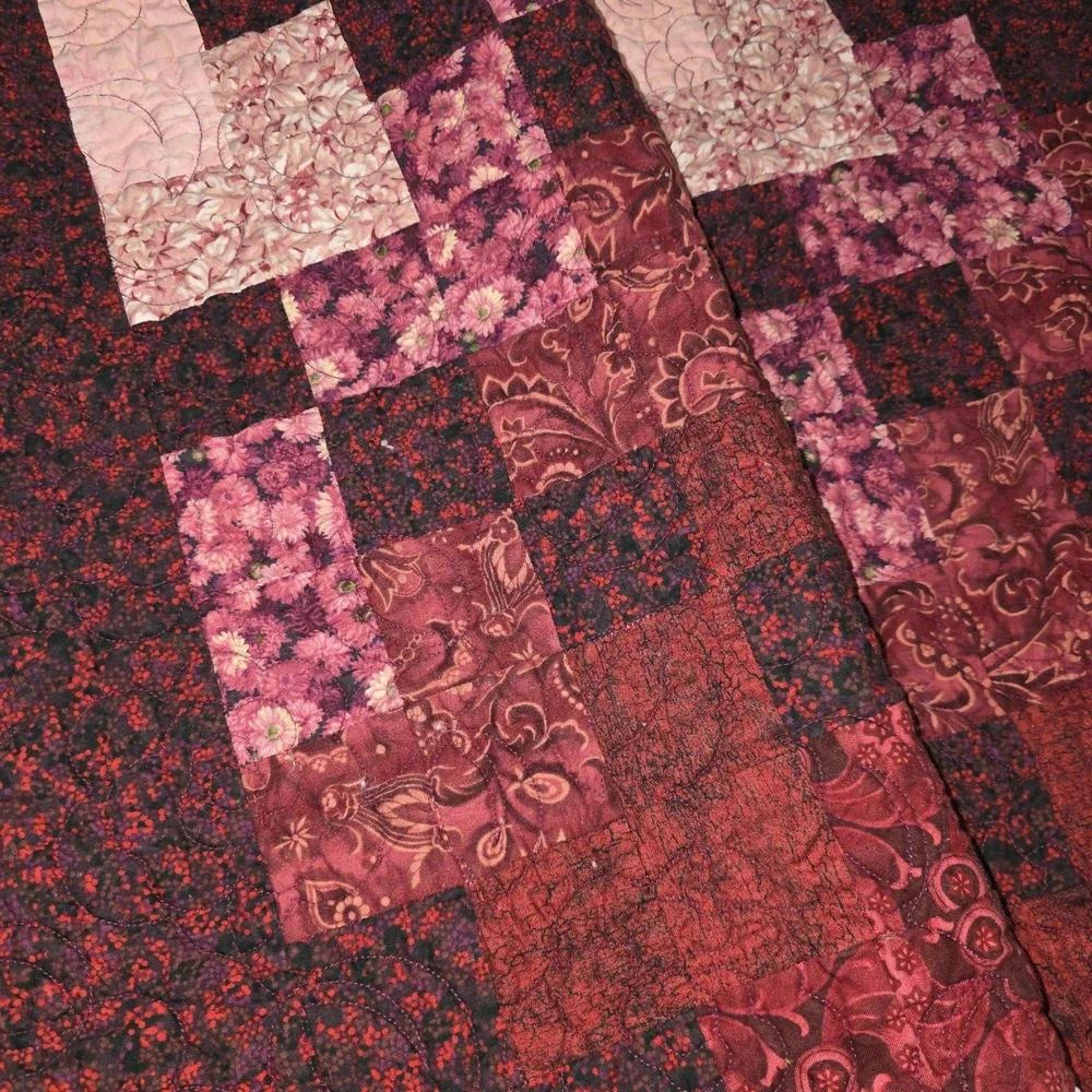 Handmade Patchwork Quilt Burgundy Pink Magenta Diagonal Pattern 68x55 Graduation